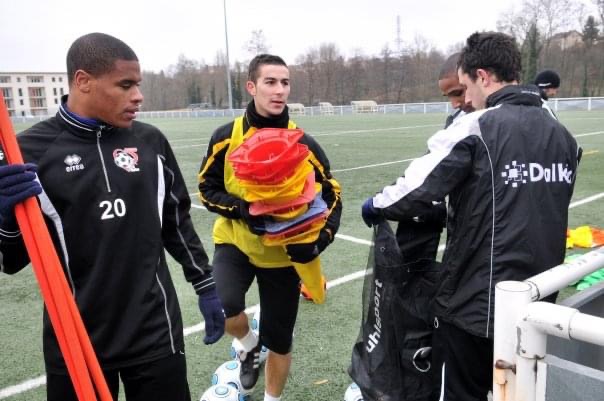 Quelques jours avant le match à l'entraînement : Jean-Pierre Diémé, Rémi Laâsri, Baidy Sall, Jason Berthomier.