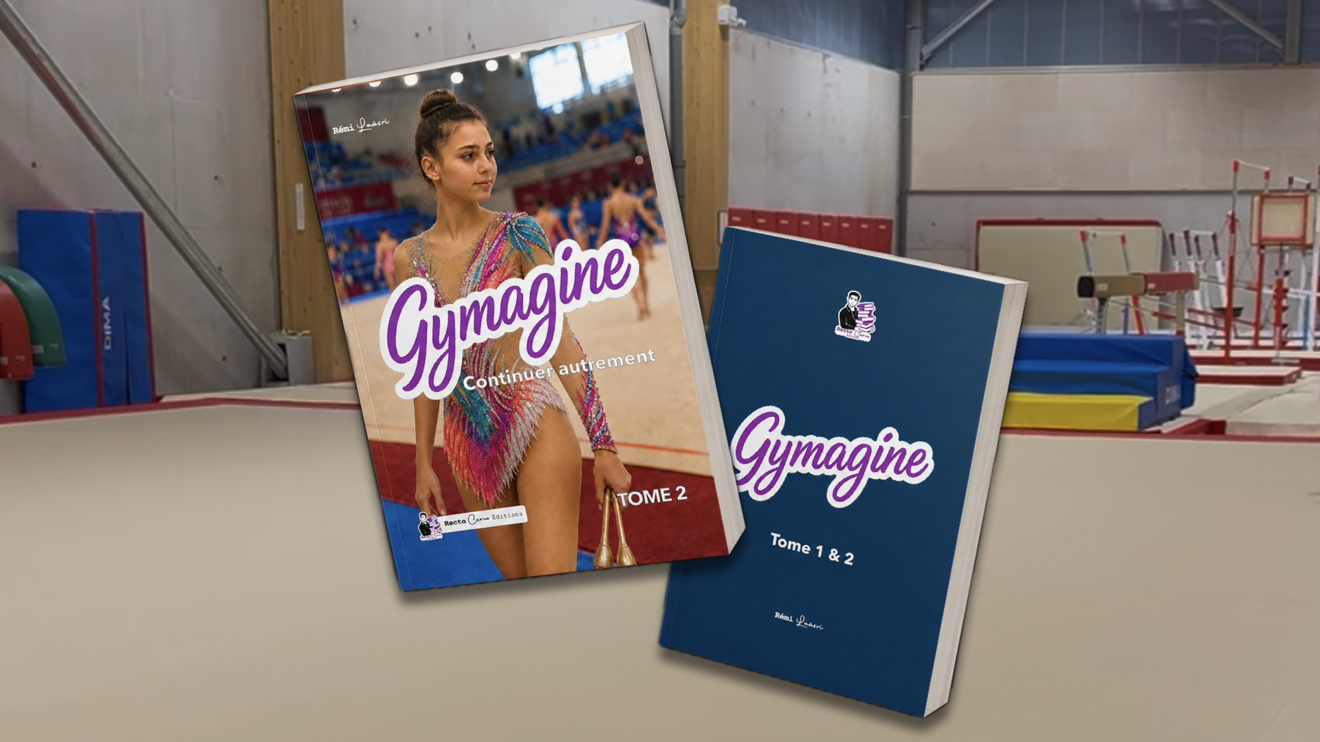 Livres Gymagine Tome 2 et Tome 1 & 2 dans une salle de gymnastique